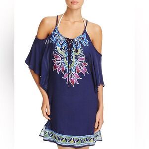TRINA TURK | Lotus Batik Navy Blue Cold Shoulder Swim Cover-Up Women’s Size S